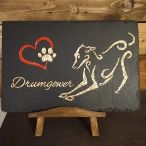 Dog Portrait etched on slate with Red Heart and Paw Print
